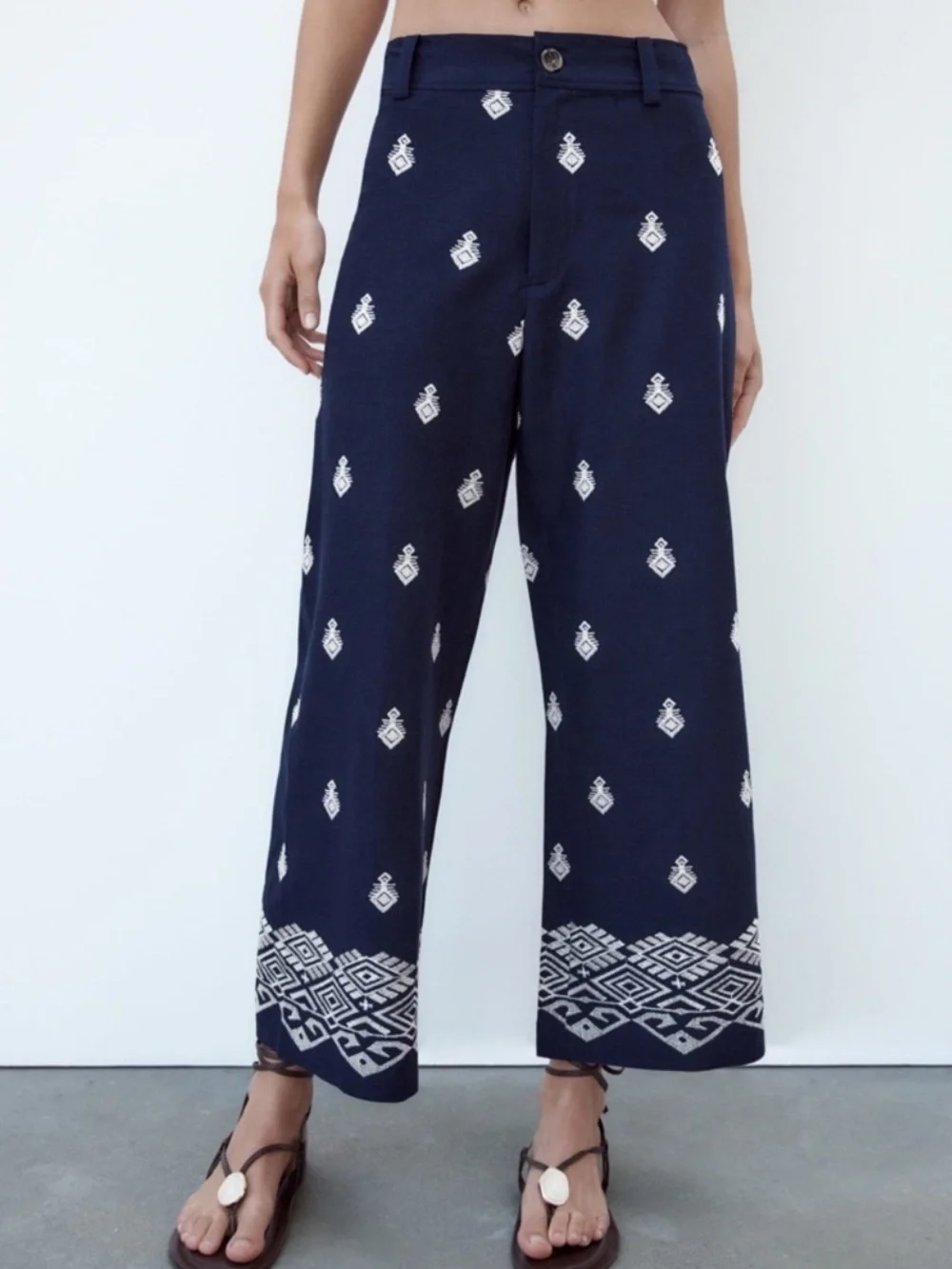 ZARA Navy Blue Wide Leg Embroidered Culottes Pants Size Large Tropical Vacation
